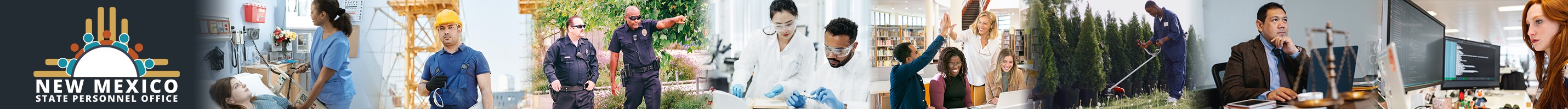 Collage of a nurse with a patient, a man in a hard hat, two police officers, two scientists, a man with a leaf blower, and a woman on a computer.