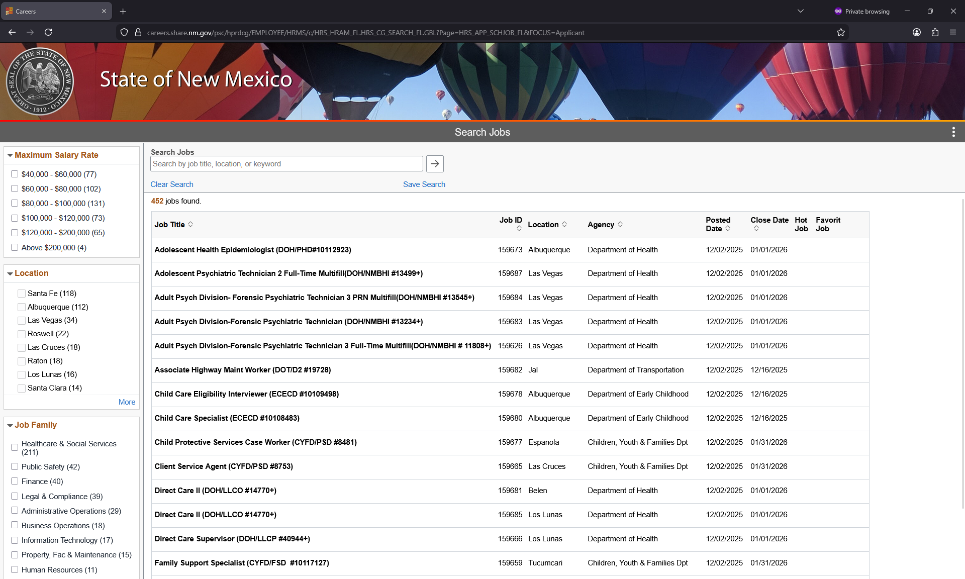 Screenshot of the State of New Mexico Careers Website Homepage
